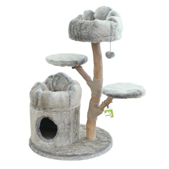 Largo L Naturholz Kratzbaum – Stabil, 114 cm hoch, Jute-Seil & Plüsch